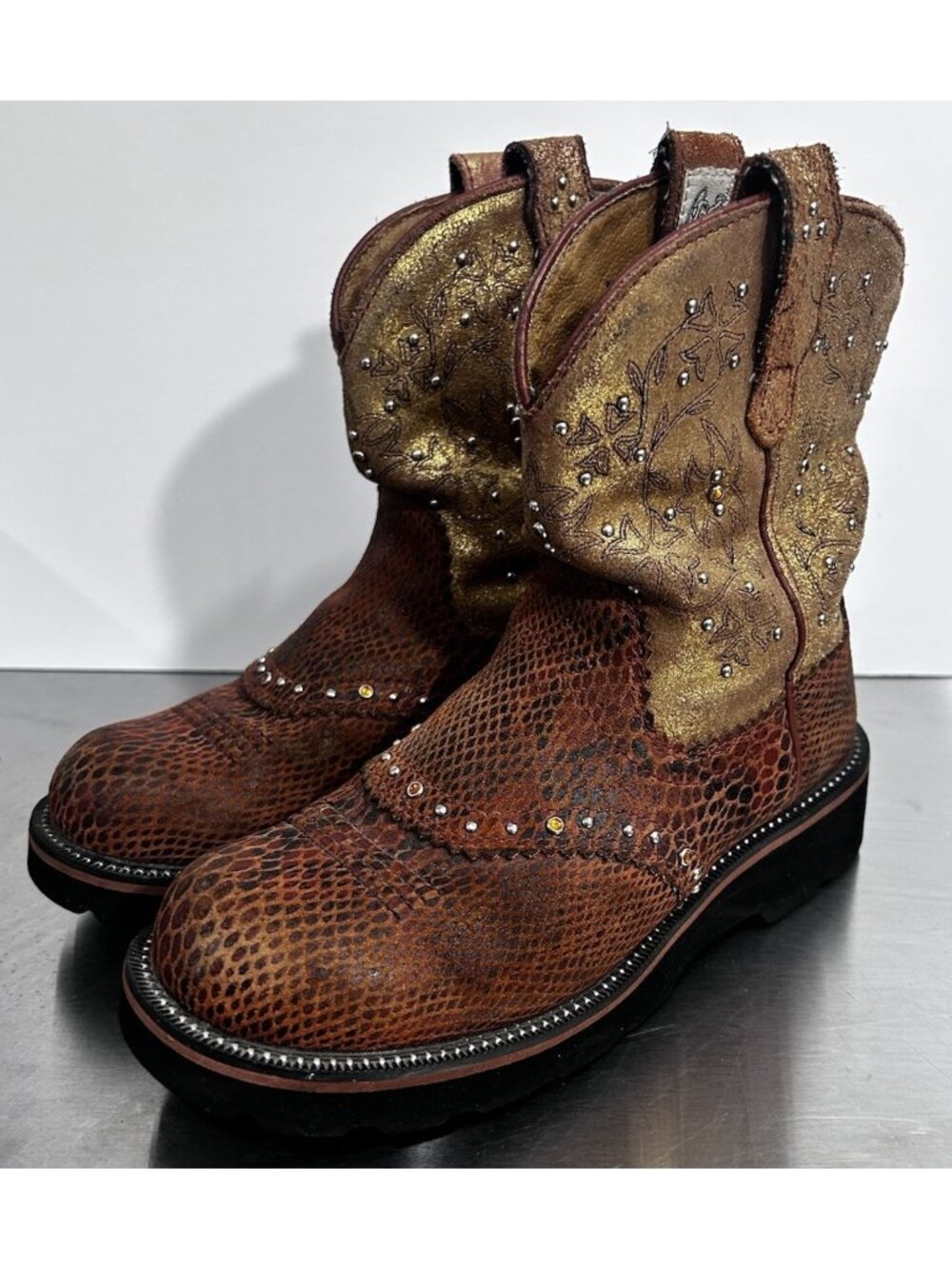 Ariat Fatbaby Cowgirl Boots style 16406 Lizard Print Studded Leather Size 6.5 B